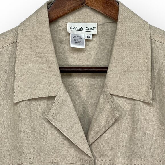 Coldwater Creek Top Women Size 1X Beige Pocket Collared Linen Rayon Camp - Picture 4 of 10